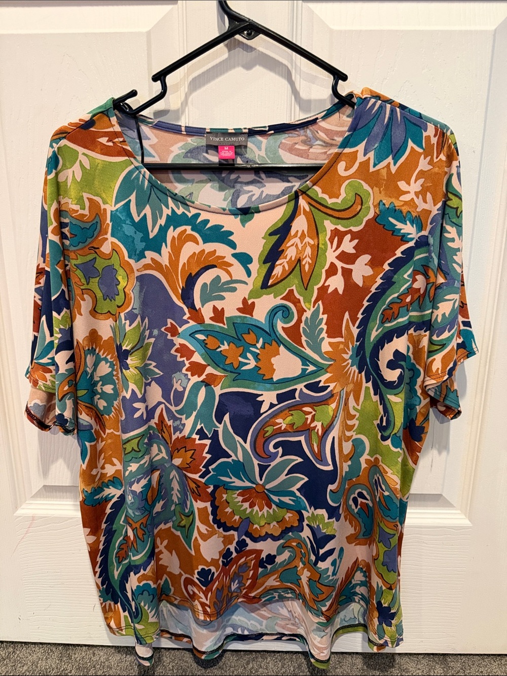 Vince Camuto Teal Rust Green Cream Paisley Short Sleeve Top